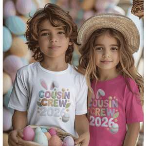 Easter T‑shirt featuring the playful “Cousin Crew 2026” design with bunny ears, stars, leaves, and a decorated Easter egg.