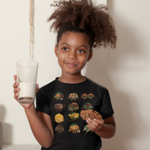 Black T‑shirt with “Support a Scout” design featuring colorful cartoon cookie characters