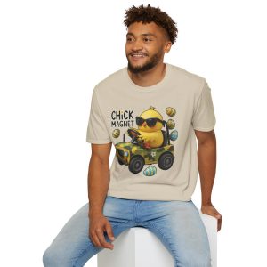 T‑shirt with a cartoon chick in sunglasses riding a camo jeep surrounded by Easter eggs and the text “Chick Magnet”