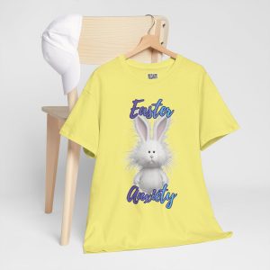 T‑shirt with fluffy white bunny illustration and the phrase “Easter Anxiety” in blue and purple text