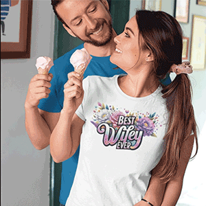 Woman wearing a “Best Wifey” floral T‑shirt