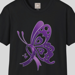 Purple butterfly awareness ribbon T‑shirt design on black shirt