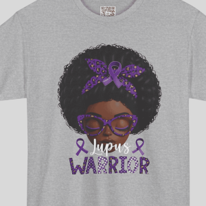 Lupus Warrior curly‑hair graphic with purple ribbon on gray T‑shirt
