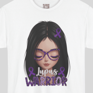 Lupus Warrior woman graphic with purple glasses and ribbon on white T‑shirt