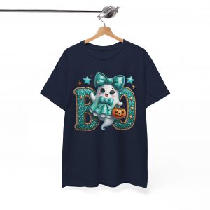 Cute Halloween BOO T‑shirt with teal bow ghost holding a pumpkin bucket and glitter‑style teal lettering