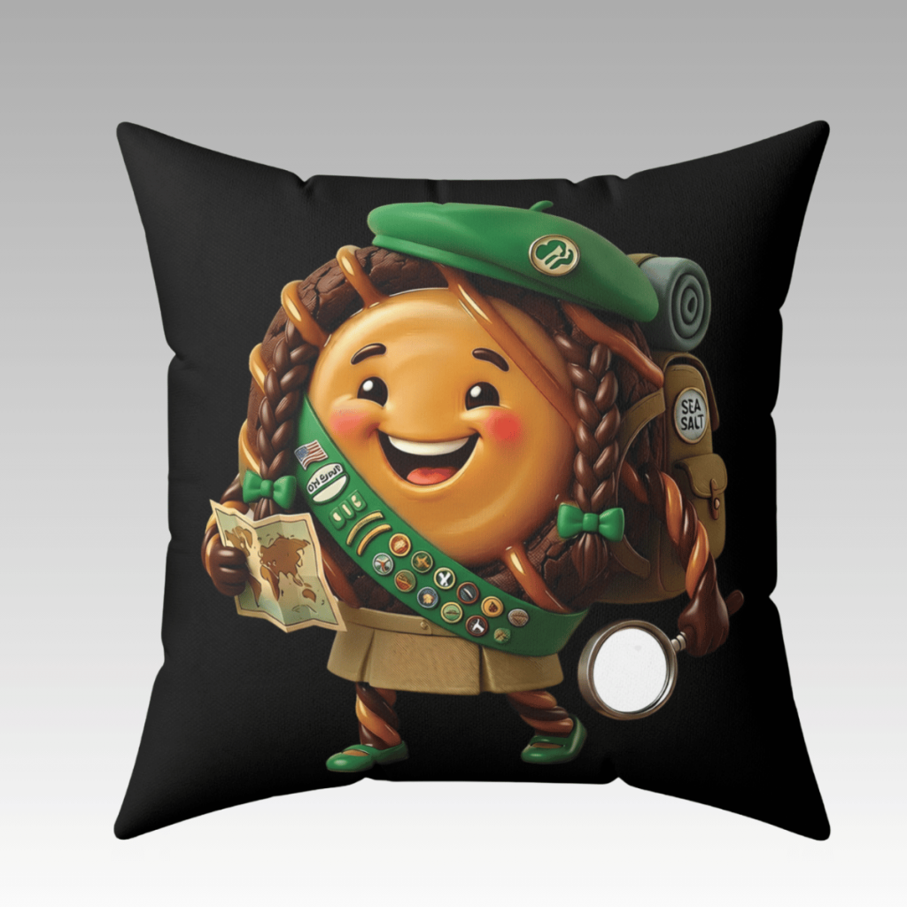 Decorative pillow with cute cartoon cookie scout character and adventure gear.