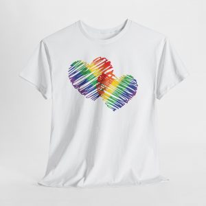 Rainbow scribble heart design printed on a unisex T‑shirt, shown on multiple shirt colors including white, black, and heather tones, featuring two overlapping rainbow hearts symbolizing love, pride, and inclusivity