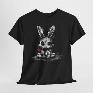 Distressed sketch rabbit T‑shirt featuring a gritty cartoon rabbit with red accent splashes