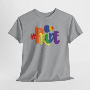 #PRIDE rainbow brushstroke T‑shirt with a colorful heart above the letter I, printed on multiple shirt colors including navy, black, white, and heather tones.