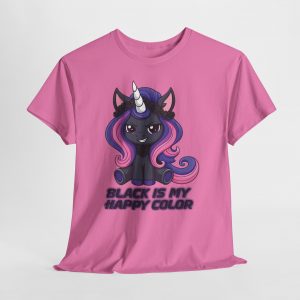 Black unicorn T‑shirt featuring a cute dark unicorn with purple and pink mane and the phrase Black Is My Happy Color, printed on multiple shirt colors including purple, black, white, and heather tones.
