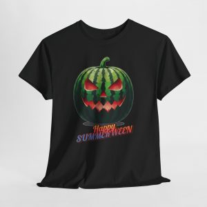 Summerween watermelon jack‑o’-lantern T‑shirt featuring a carved watermelon face and colorful Happy Summerween text, printed on multiple shirt colors including navy, black, white, and heather tones.