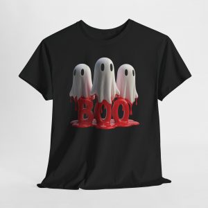 Halloween BOO T‑shirt featuring three cute cartoon ghosts above dripping red BOO letters, printed on multiple shirt colors including black, white, orange, and heather tones.