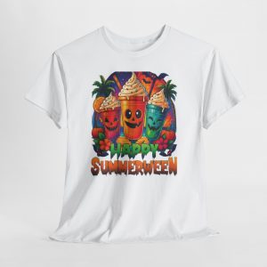 Summerween drink T‑shirt featuring three jack‑o’-lantern cups with whipped cream, palm trees, pumpkins, and bats, printed on multiple shirt colors including white, black, gray, and heather tones.