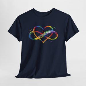 LOVE IS LOVE rainbow heart T‑shirt featuring two interlocking rainbow hearts with a white banner and colorful star accents, printed on multiple shirt colors including black, white, gray, and heather tones.