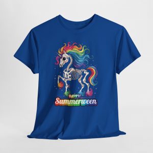 Summerween skeleton unicorn T‑shirt featuring a rainbow‑mane skeleton unicorn with sparkles and multicolored Happy Summerween text