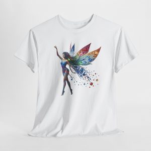 Colorful fairy silhouette T‑shirt featuring a dancing figure with vibrant rainbow wings and multicolor jewel‑style patterns, printed on multiple shirt colors including gray, black, white, and heather tones.