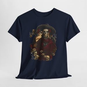 Day of the Dead skeleton couple T‑shirt featuring romantic skeletons in ornate clothing surrounded by roses and skulls