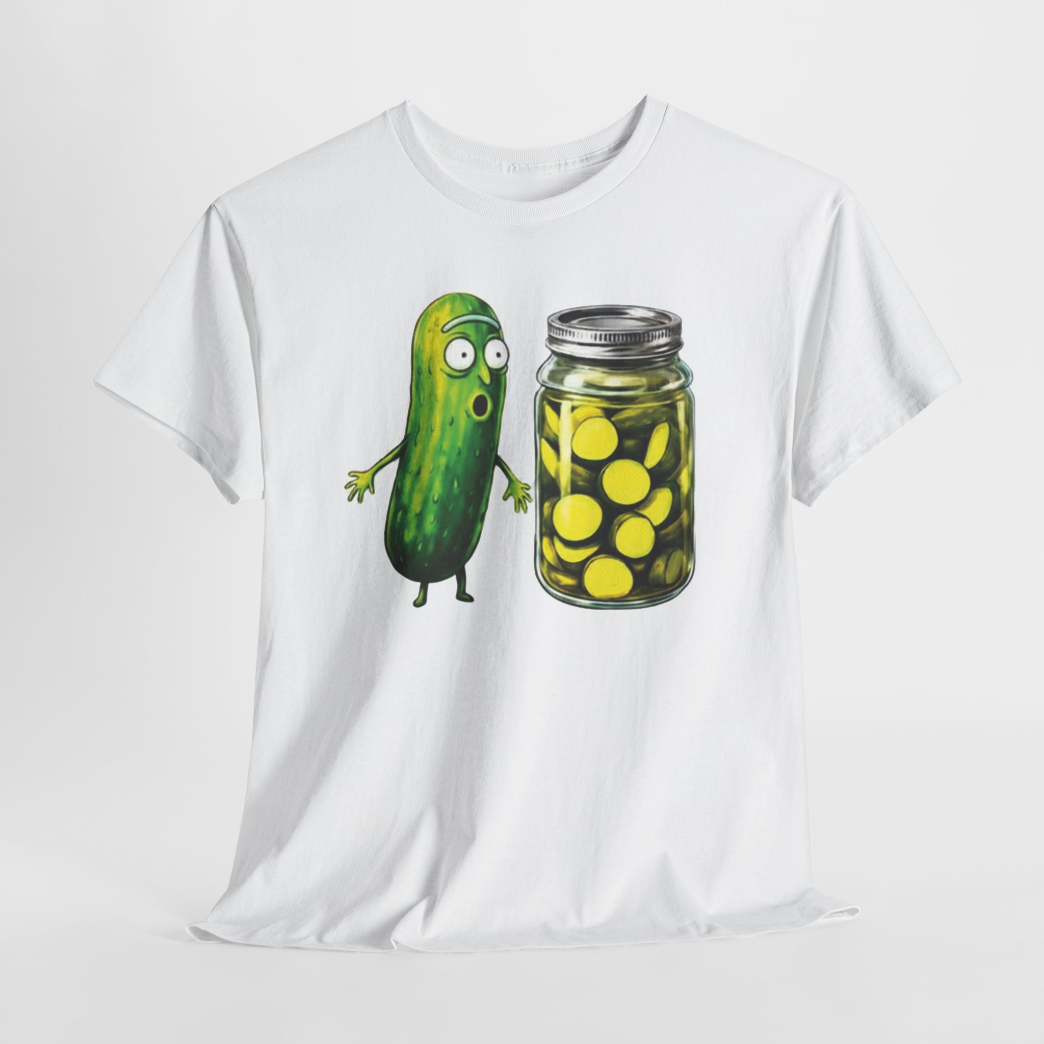 Funny Pickle Reaction T‑Shirt – Shocked Cartoon Pickle & Pickle Jar Humor Graphic Tee Funny pickle reaction T‑shirt featuring a shocked cartoon pickle looking at a jar of sliced pickles, printed on multiple shirt colors including black, gray, white, and heather tones.