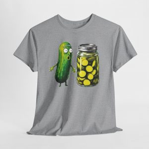 Funny pickle reaction T‑shirt featuring a shocked cartoon pickle looking at a jar of sliced pickles, printed on multiple shirt colors including black, gray, white, and heather tones.
