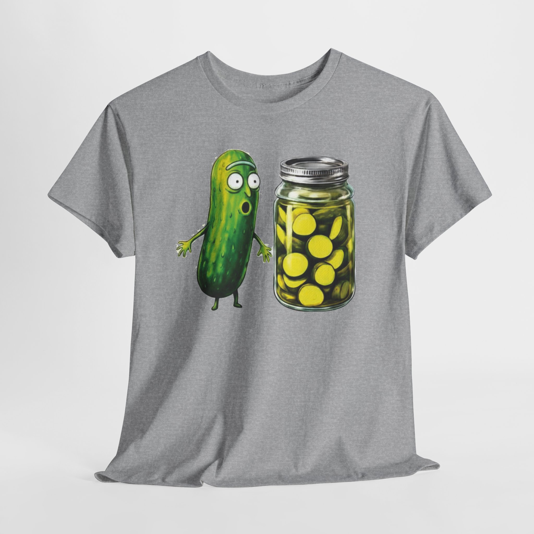 Funny Pickle Reaction T‑Shirt – Shocked Cartoon Pickle & Pickle Jar Humor Graphic Tee Funny pickle reaction T‑shirt featuring a shocked cartoon pickle looking at a jar of sliced pickles, printed on multiple shirt colors including black, gray, white, and heather tones.