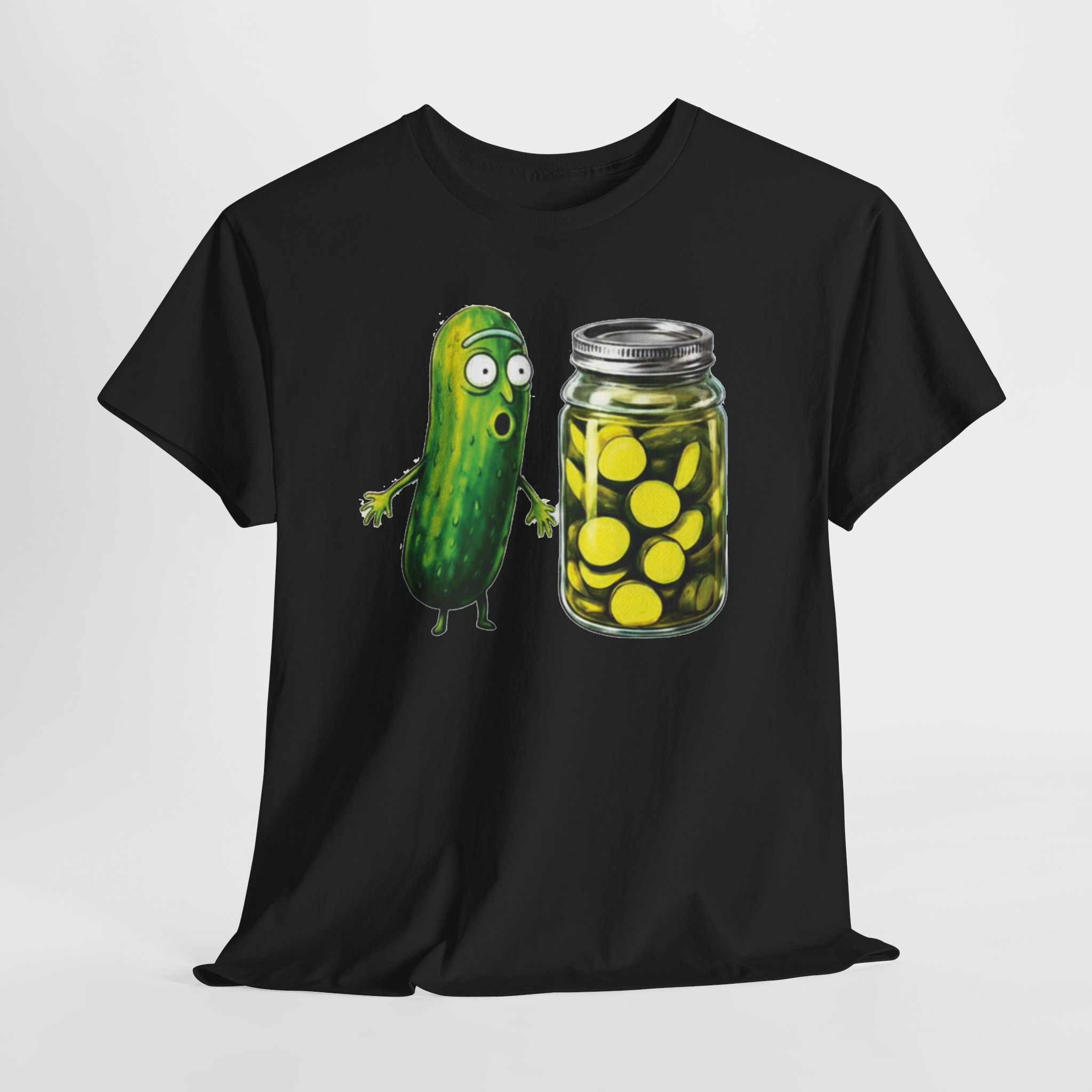Funny Pickle Reaction T‑Shirt – Shocked Cartoon Pickle & Pickle Jar Humor Graphic Tee Funny pickle reaction T‑shirt featuring a shocked cartoon pickle looking at a jar of sliced pickles, printed on multiple shirt colors including black, gray, white, and heather tones.