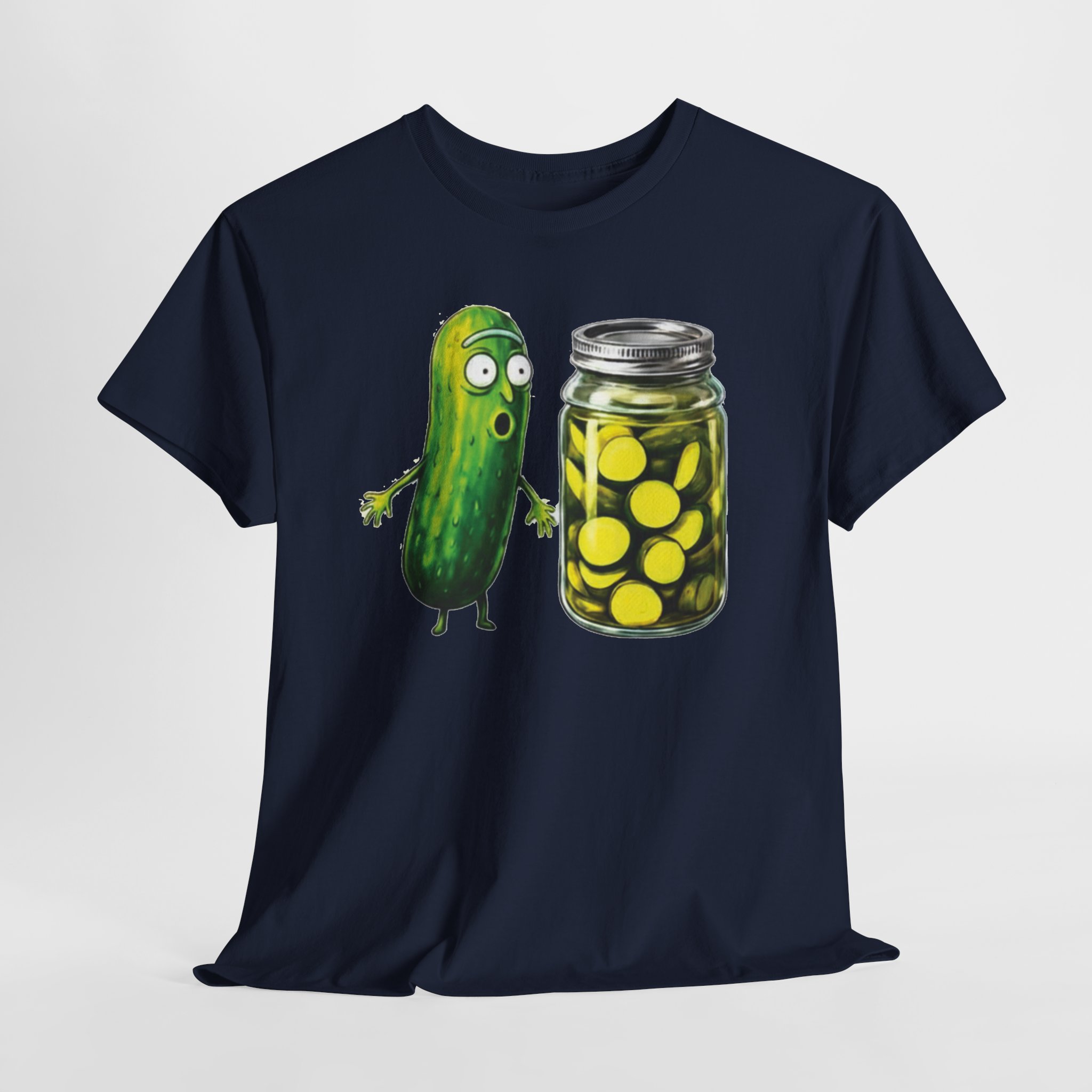 Funny Pickle Reaction T‑Shirt – Shocked Cartoon Pickle & Pickle Jar Humor Graphic Tee Funny pickle reaction T‑shirt featuring a shocked cartoon pickle looking at a jar of sliced pickles, printed on multiple shirt colors including black, gray, white, and heather tones.