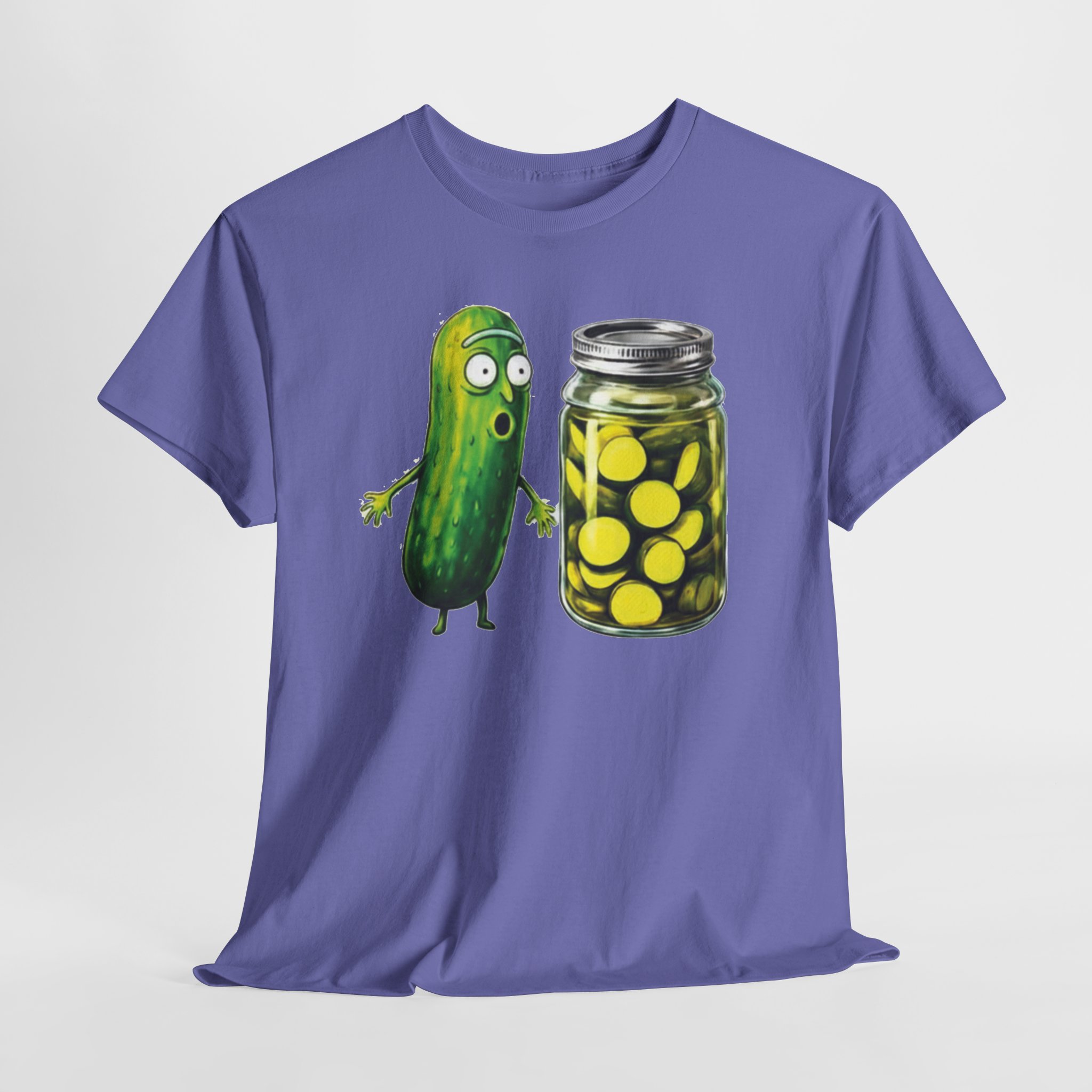 Funny Pickle Reaction T‑Shirt – Shocked Cartoon Pickle & Pickle Jar Humor Graphic Tee Funny pickle reaction T‑shirt featuring a shocked cartoon pickle looking at a jar of sliced pickles, printed on multiple shirt colors including black, gray, white, and heather tones.