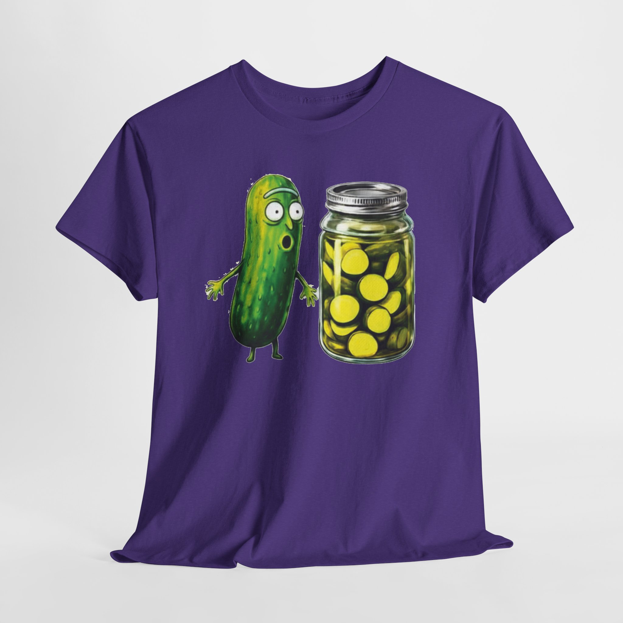 Funny Pickle Reaction T‑Shirt – Shocked Cartoon Pickle & Pickle Jar Humor Graphic Tee Funny pickle reaction T‑shirt featuring a shocked cartoon pickle looking at a jar of sliced pickles, printed on multiple shirt colors including black, gray, white, and heather tones.