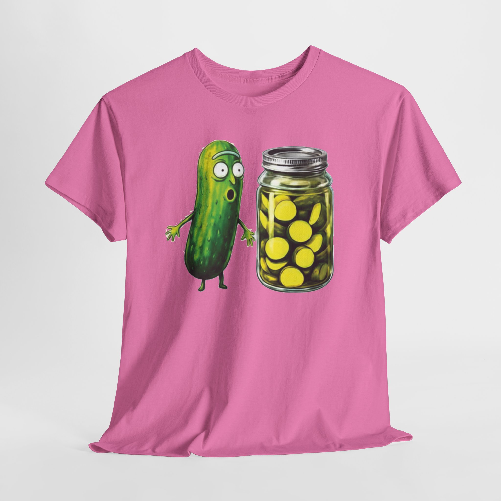 Funny Pickle Reaction T‑Shirt – Shocked Cartoon Pickle & Pickle Jar Humor Graphic Tee Funny pickle reaction T‑shirt featuring a shocked cartoon pickle looking at a jar of sliced pickles, printed on multiple shirt colors including black, gray, white, and heather tones.