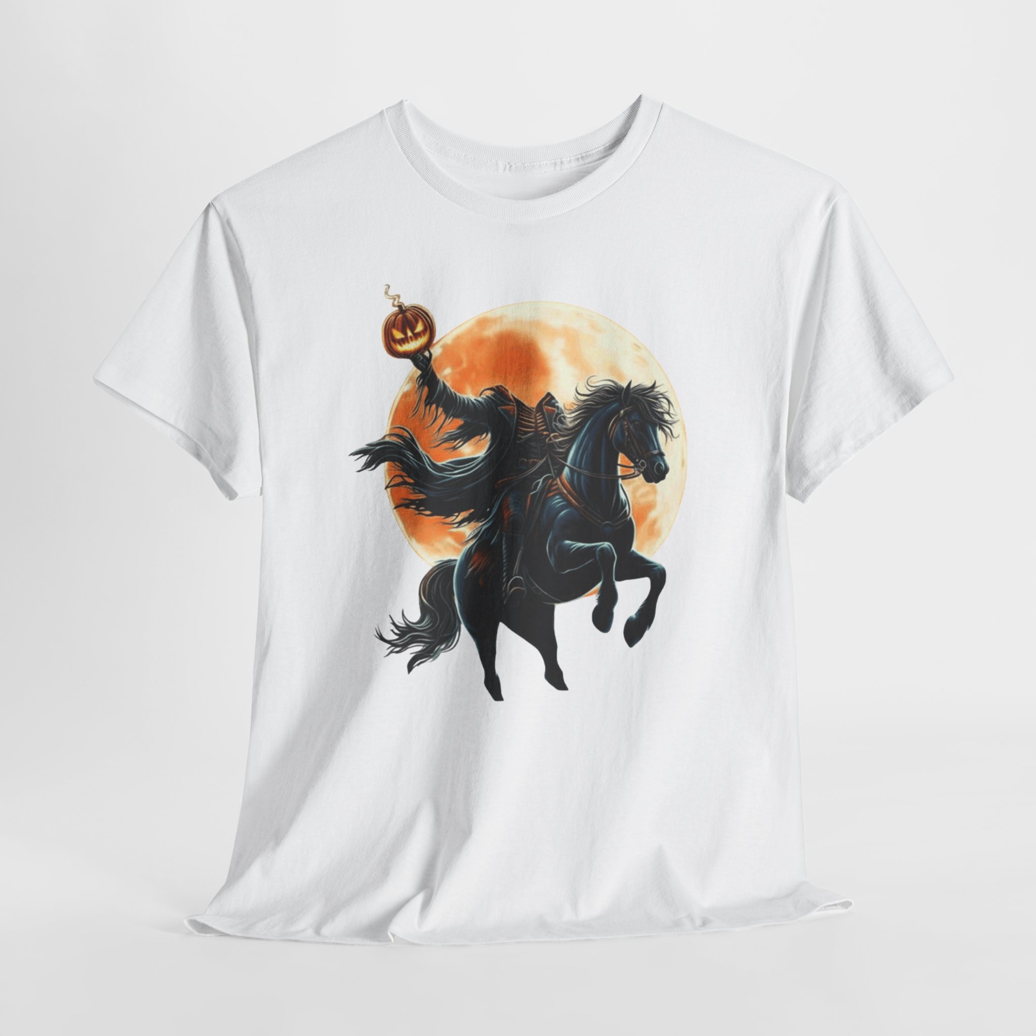 Headless Horseman Halloween T‑Shirt Headless Horseman T‑shirt featuring a dark rider on a rearing horse holding a flaming jack‑o’-lantern in front of a glowing orange moon, printed on multiple shirt colors including black, gray, white, and heather tones.