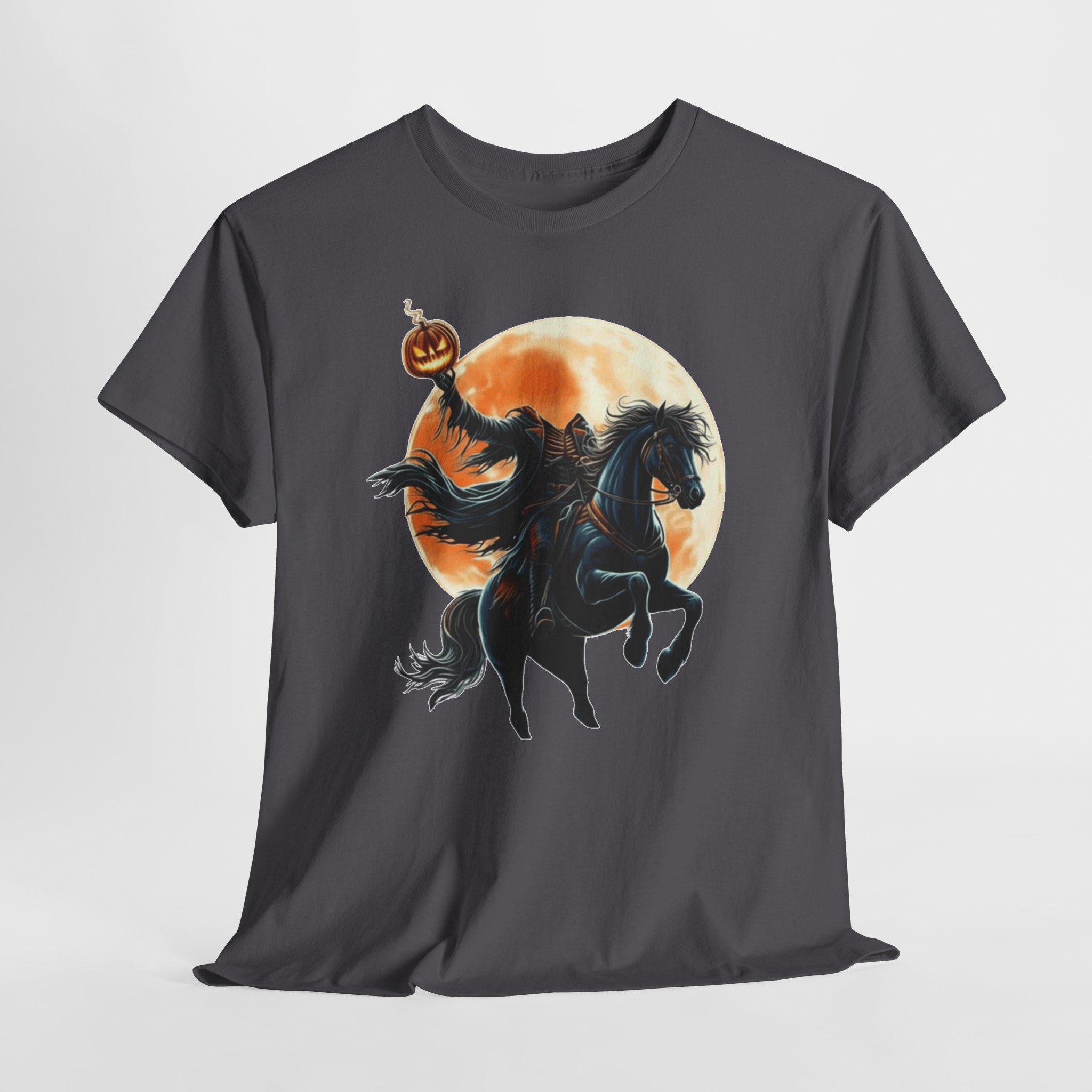 Headless Horseman Halloween T‑Shirt Headless Horseman T‑shirt featuring a dark rider on a rearing horse holding a flaming jack‑o’-lantern in front of a glowing orange moon, printed on multiple shirt colors including black, gray, white, and heather tones.