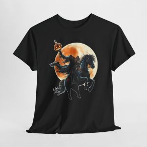 Headless Horseman T‑shirt featuring a dark rider on a rearing horse holding a flaming jack‑o’-lantern in front of a glowing orange moon, printed on multiple shirt colors including black, gray, white, and heather tones.