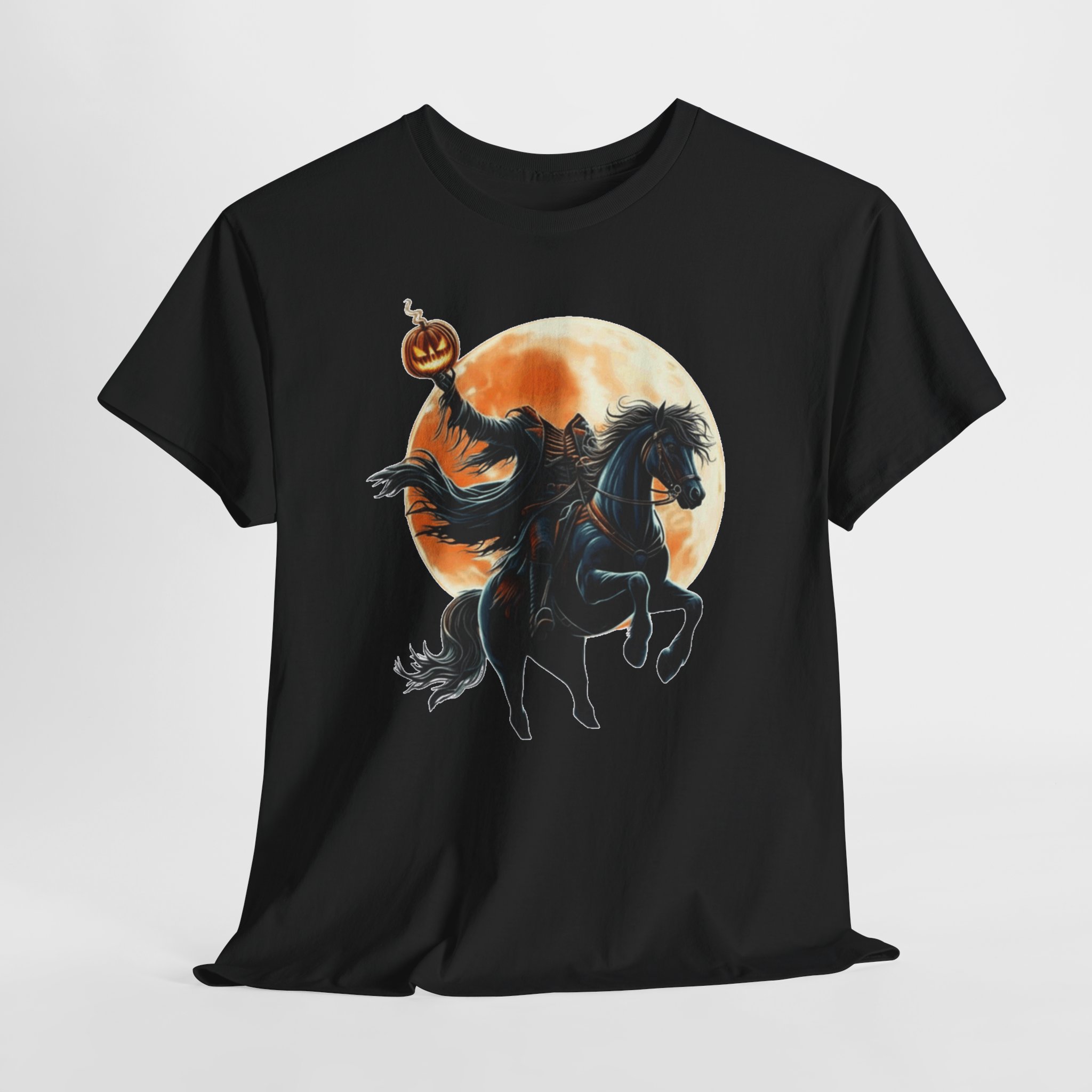 Headless Horseman Halloween T‑Shirt Headless Horseman T‑shirt featuring a dark rider on a rearing horse holding a flaming jack‑o’-lantern in front of a glowing orange moon, printed on multiple shirt colors including black, gray, white, and heather tones.