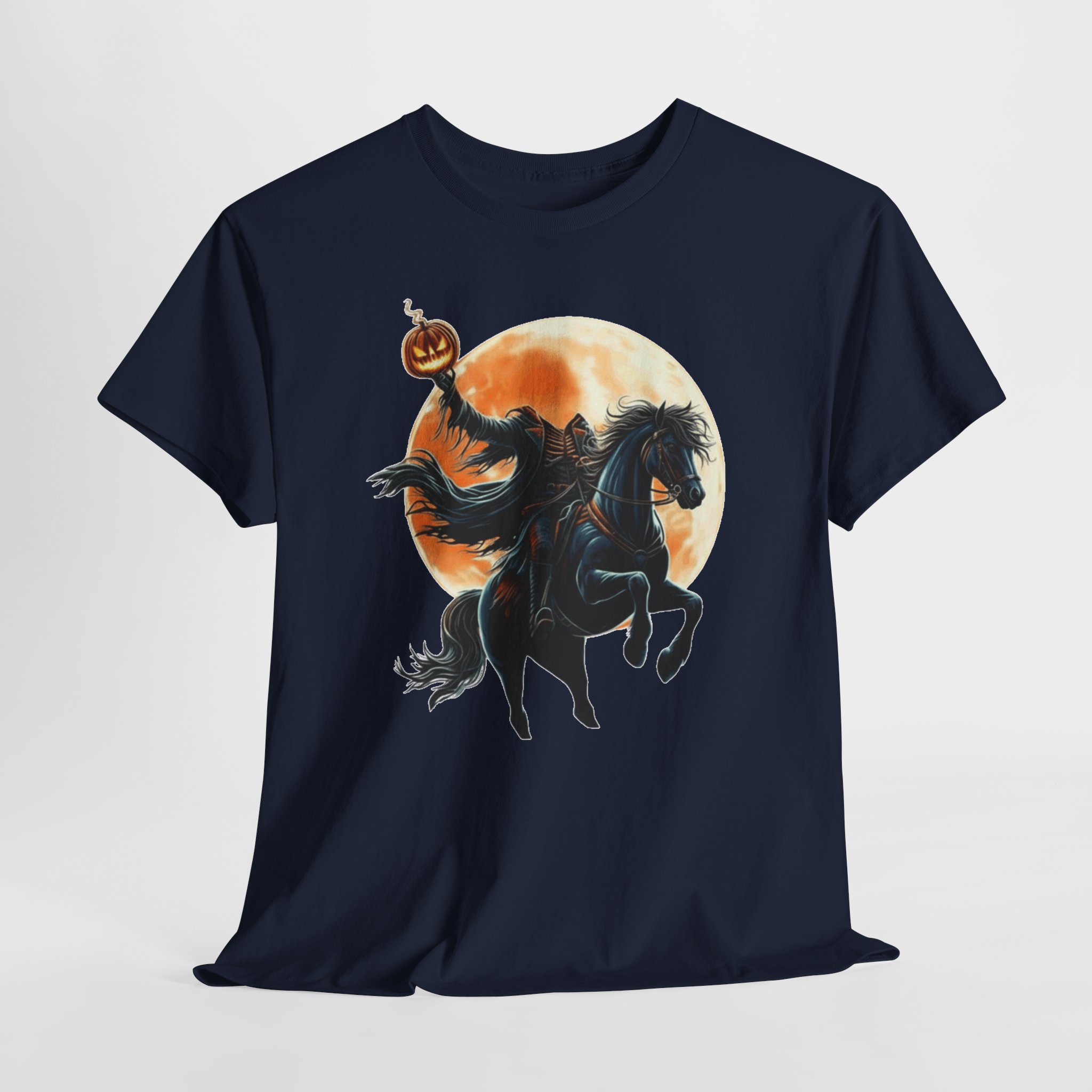 Headless Horseman Halloween T‑Shirt Headless Horseman T‑shirt featuring a dark rider on a rearing horse holding a flaming jack‑o’-lantern in front of a glowing orange moon, printed on multiple shirt colors including black, gray, white, and heather tones.