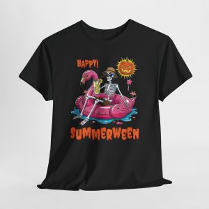 Summerween skeleton T‑shirt featuring a skeleton with sunglasses and a hat relaxing on a pink flamingo float under a jack‑o’-lantern sun