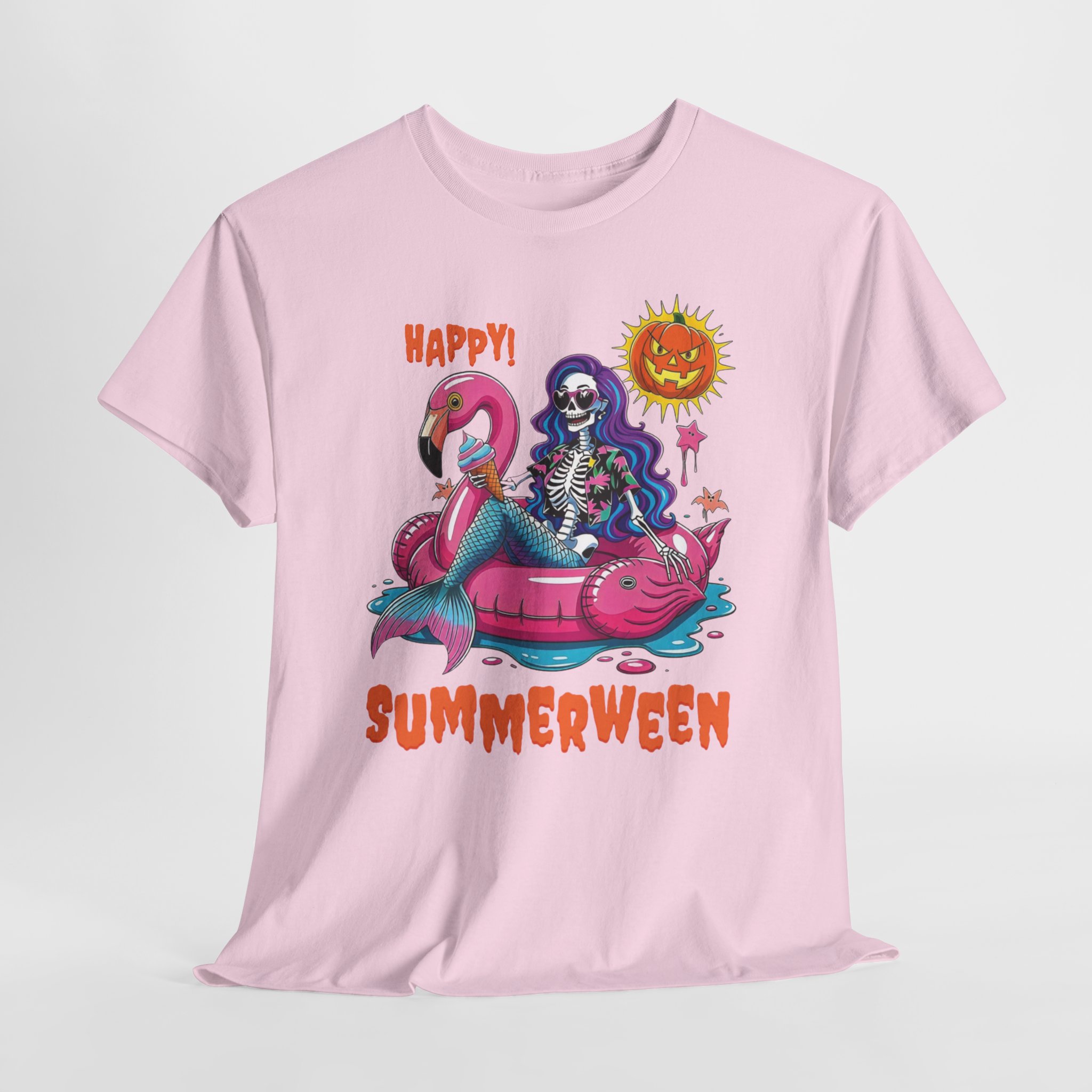 Summerween Skeleton Mermaid Flamingo T‑Shirt Summerween skeleton mermaid T‑shirt featuring a purple‑haired skeleton on a pink flamingo float under a jack‑o’-lantern sun, printed on multiple shirt colors including purple, black, white, and heather tones.