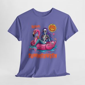 Summerween skeleton mermaid T‑shirt featuring a purple‑haired skeleton on a pink flamingo float under a jack‑o’-lantern sun, printed on multiple shirt colors including purple, black, white, and heather tones.