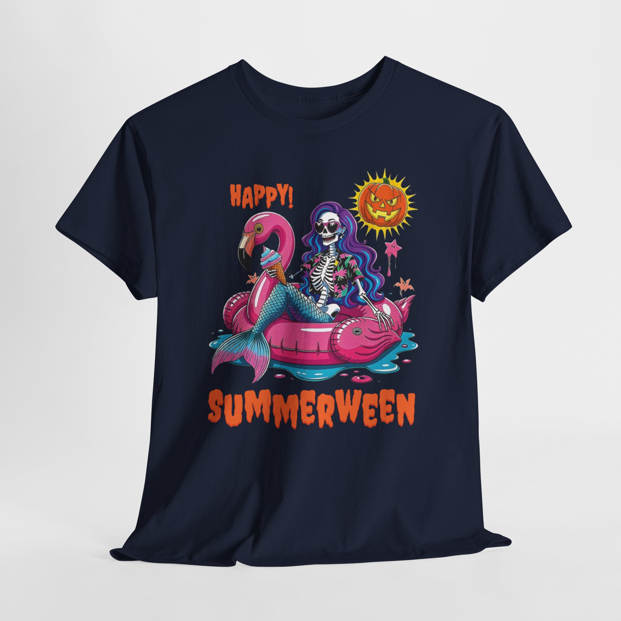 Summerween Skeleton Mermaid Flamingo T‑Shirt Summerween skeleton mermaid T‑shirt featuring a purple‑haired skeleton on a pink flamingo float under a jack‑o’-lantern sun, printed on multiple shirt colors including purple, black, white, and heather tones.