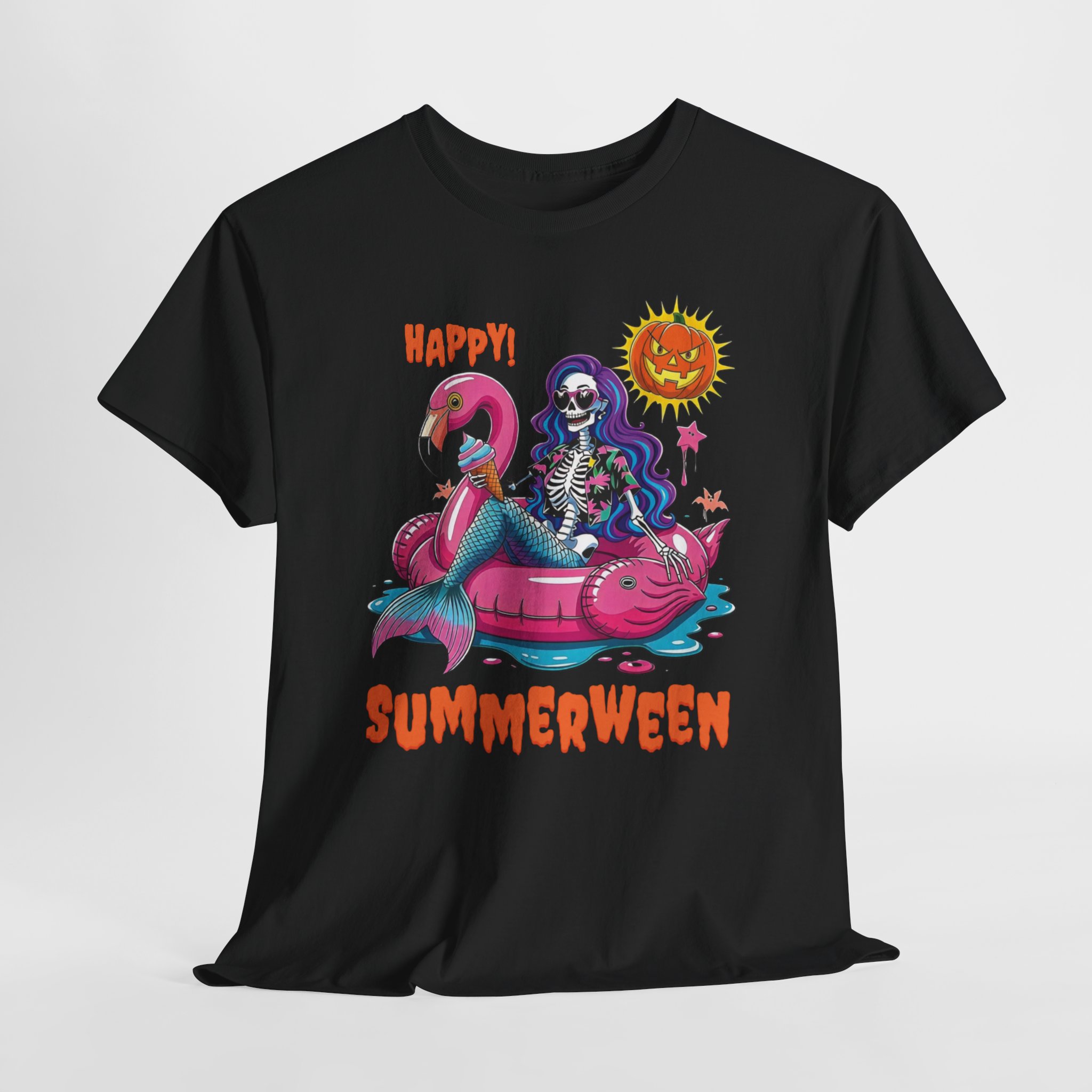 Summerween Skeleton Mermaid Flamingo T‑Shirt Summerween skeleton mermaid T‑shirt featuring a purple‑haired skeleton on a pink flamingo float under a jack‑o’-lantern sun, printed on multiple shirt colors including purple, black, white, and heather tones.