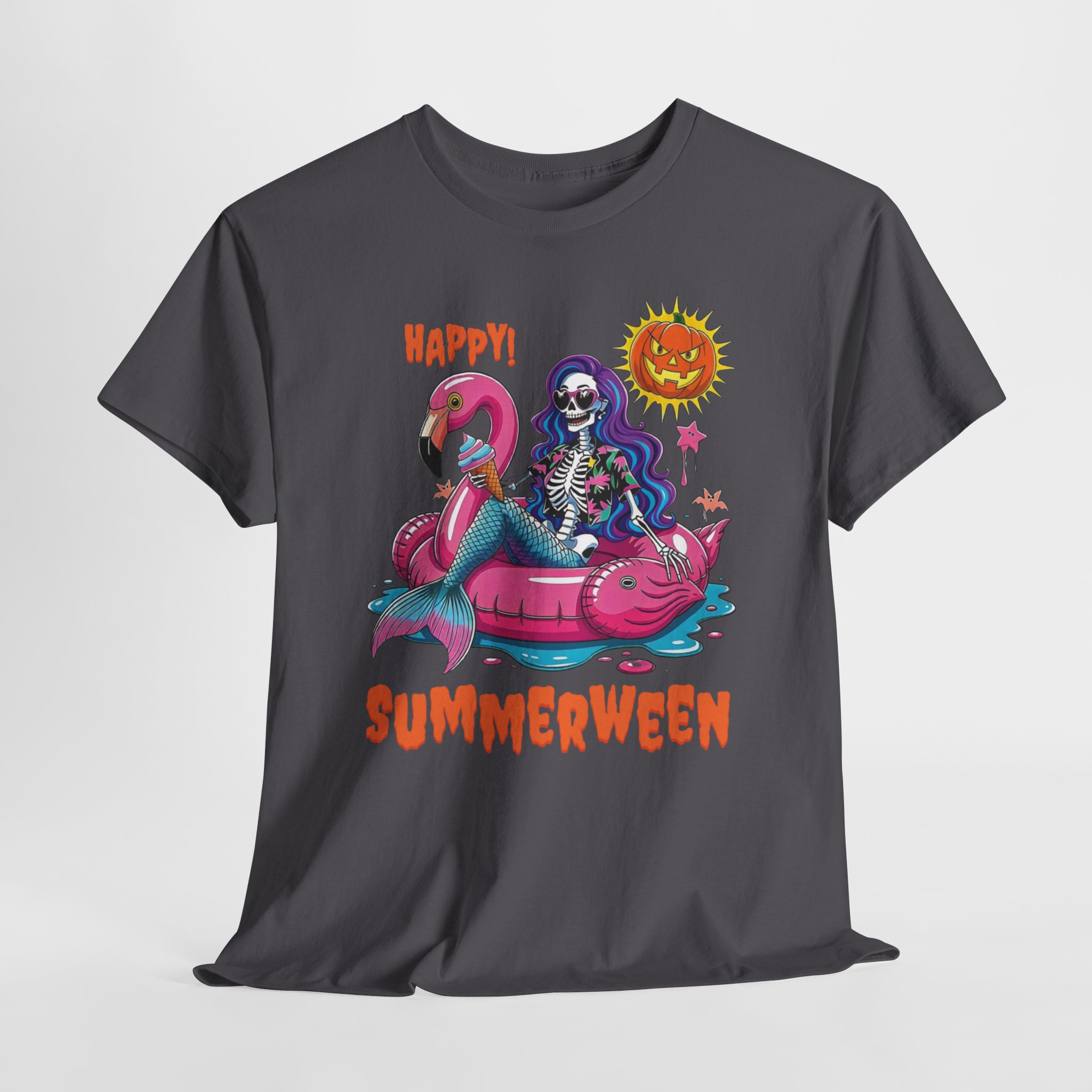 Summerween Skeleton Mermaid Flamingo T‑Shirt Summerween skeleton mermaid T‑shirt featuring a purple‑haired skeleton on a pink flamingo float under a jack‑o’-lantern sun, printed on multiple shirt colors including purple, black, white, and heather tones.