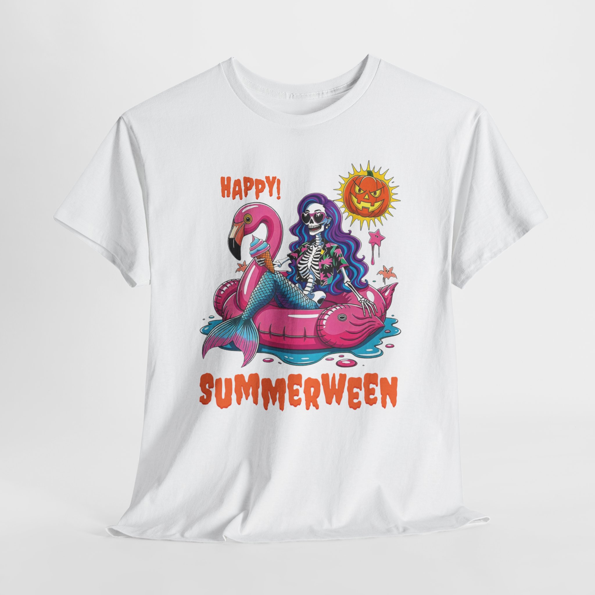 Summerween Skeleton Mermaid Flamingo T‑Shirt Summerween skeleton mermaid T‑shirt featuring a purple‑haired skeleton on a pink flamingo float under a jack‑o’-lantern sun, printed on multiple shirt colors including purple, black, white, and heather tones.