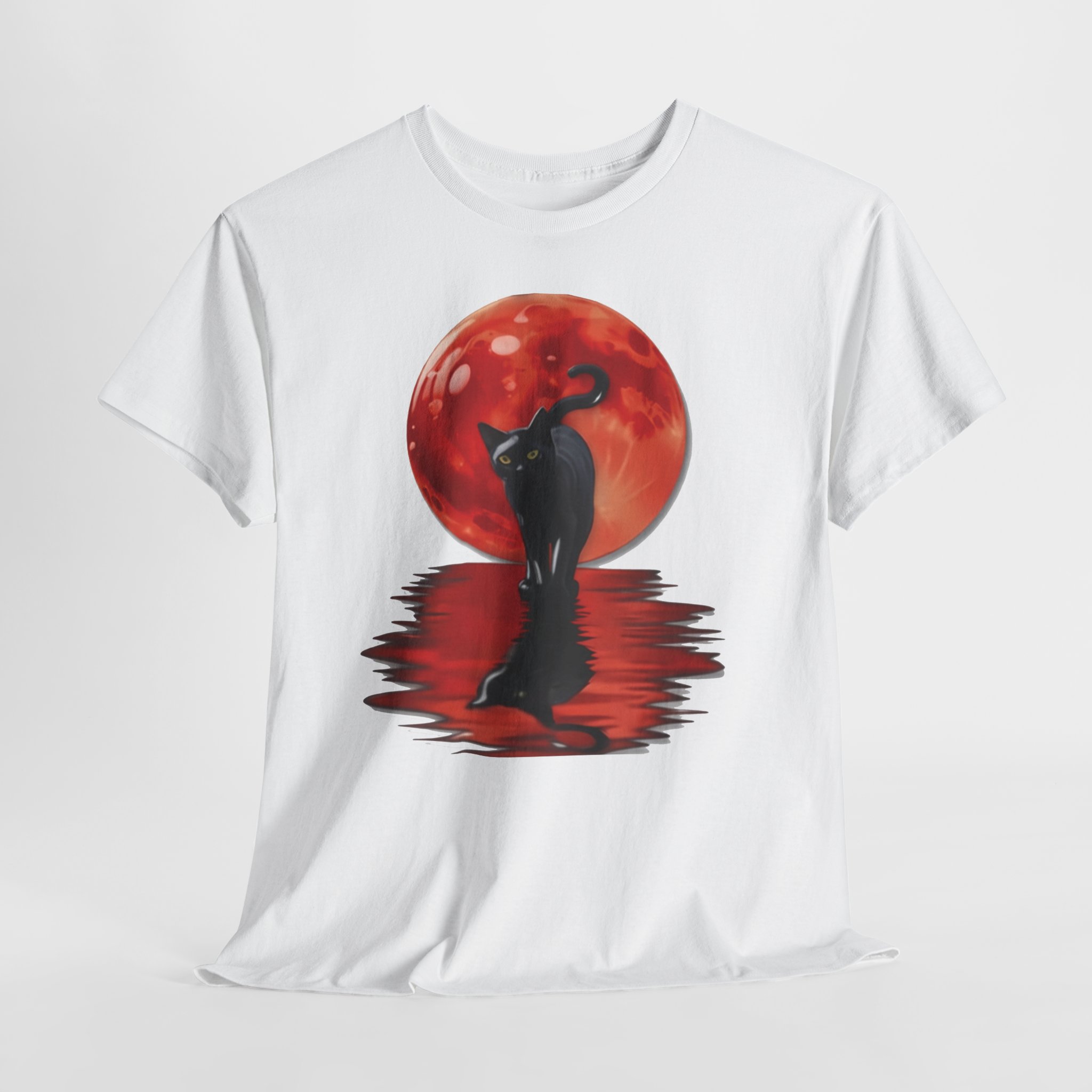 Black Cat Red Moon Reflection T‑Shirt – Mystical Cat Silhouette Graphic Tee for All Shirt Colors Black cat silhouette T‑shirt with glowing red moon and red water reflection, printed on multiple shirt colors including black, gray, white, and heather tones.
