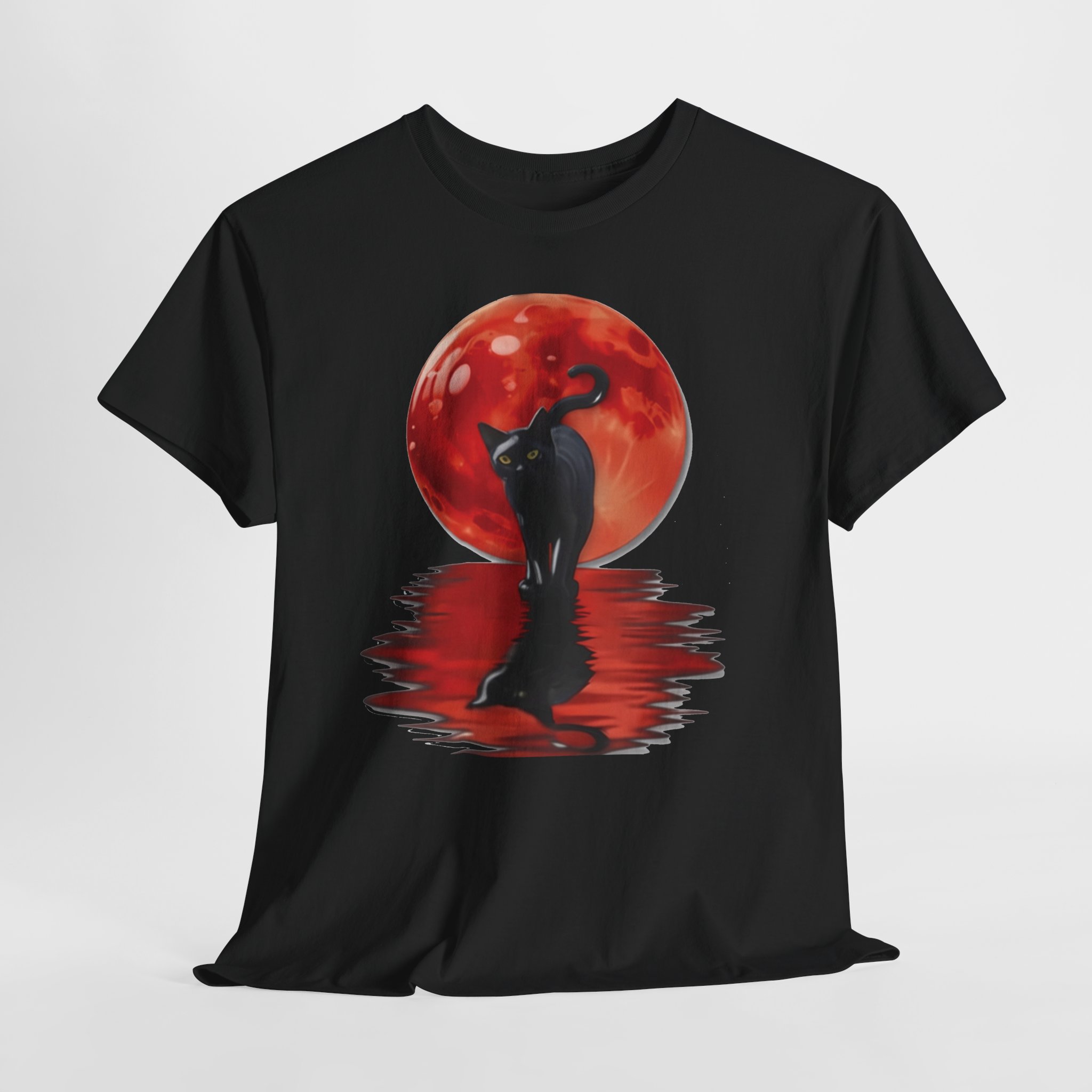 Black Cat Red Moon Reflection T‑Shirt – Mystical Cat Silhouette Graphic Tee for All Shirt Colors Black cat silhouette T‑shirt with glowing red moon and red water reflection, printed on multiple shirt colors including black, gray, white, and heather tones.