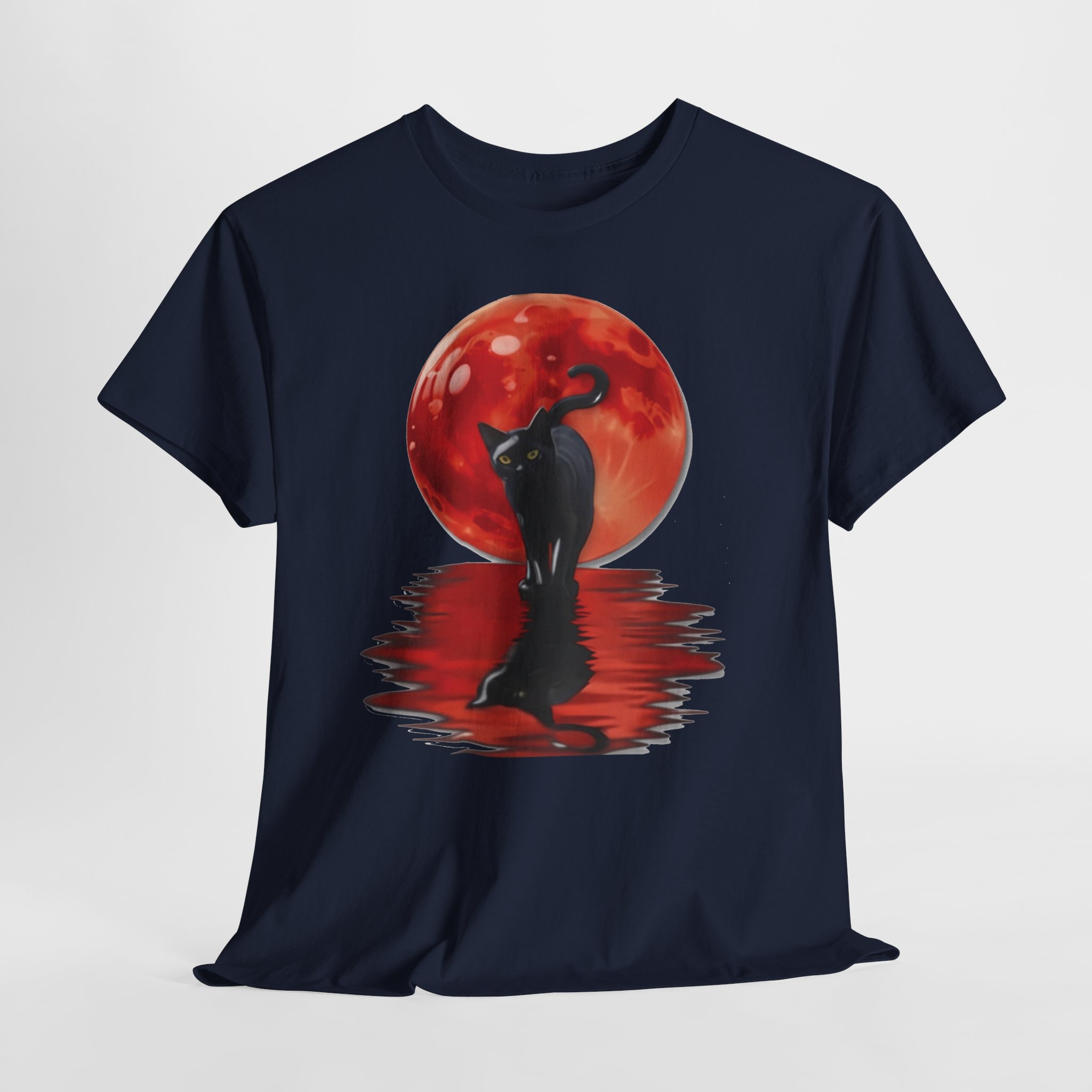 Black Cat Red Moon Reflection T‑Shirt – Mystical Cat Silhouette Graphic Tee for All Shirt Colors Black cat silhouette T‑shirt with glowing red moon and red water reflection, printed on multiple shirt colors including black, gray, white, and heather tones.