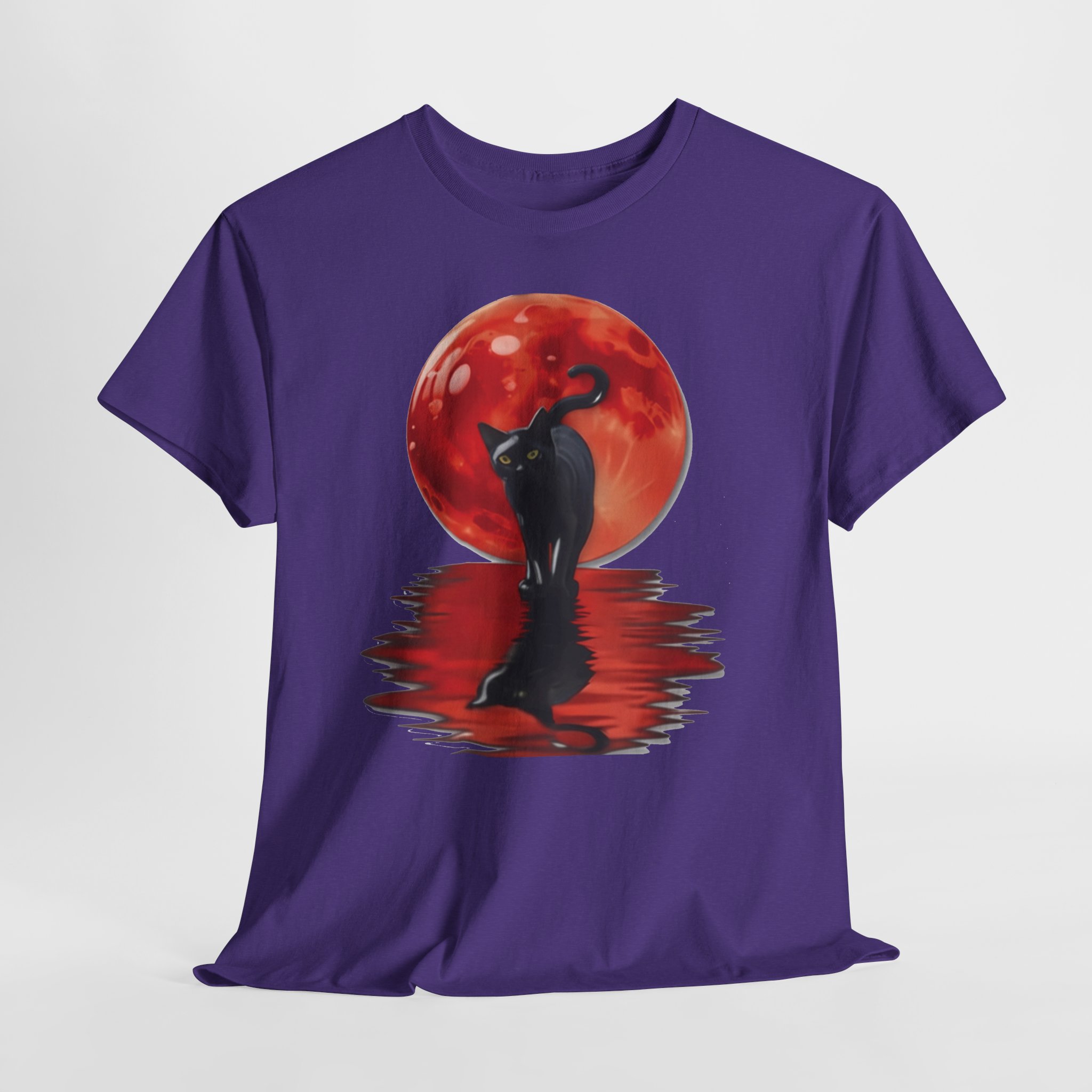 Black Cat Red Moon Reflection T‑Shirt – Mystical Cat Silhouette Graphic Tee for All Shirt Colors Black cat silhouette T‑shirt with glowing red moon and red water reflection, printed on multiple shirt colors including black, gray, white, and heather tones.