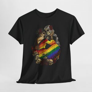 Day of the Dead LGBTQ+ skeleton couple T‑shirt featuring two decorated skeletons wrapped in a rainbow cloth surrounded by roses and skulls
